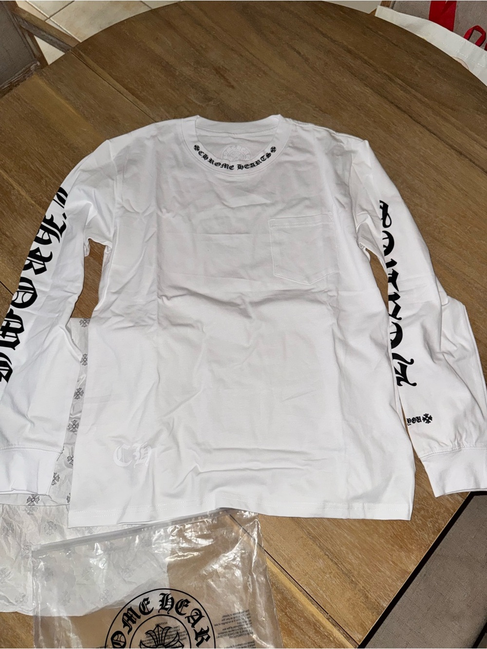 Chrome Hearts White Long Sleeve Pocket Tee with Black Sleeve Logos